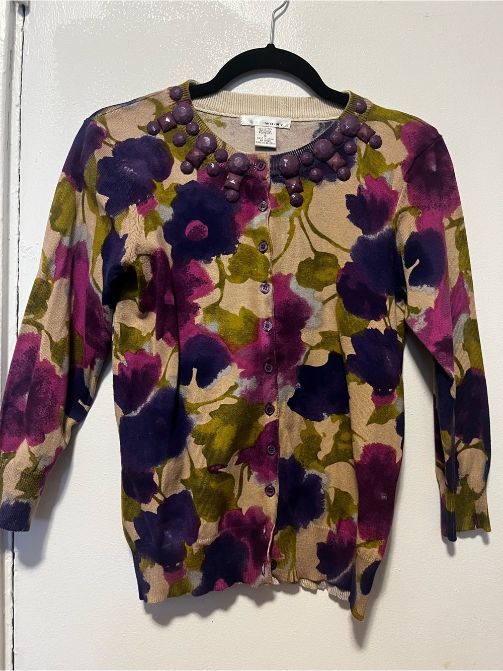 WD.NY Beaded Floral Cardigan in Purple and Olive